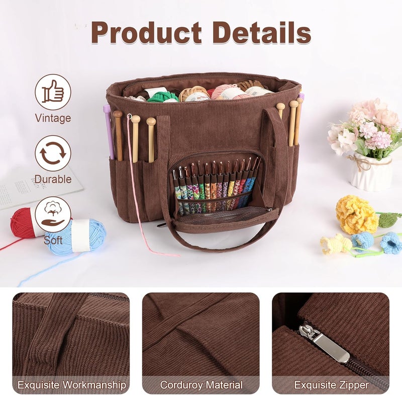 LOOEN Crochet Bag Organizer, Large Capacity Yarn Storage Bag, Portable Corduroy Knitting Bag and Totes for Travel, Used to Organize Yarn, Crochet Hooks, Ideal Gift for Crochet Lovers(Brown) - Image 5